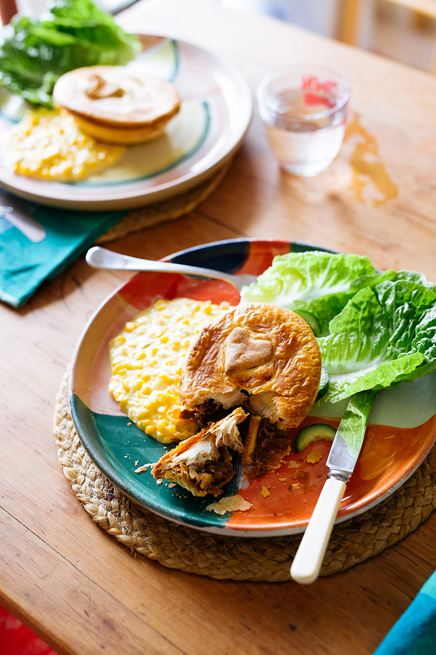 Chunky steak pie with spiced creamed corn